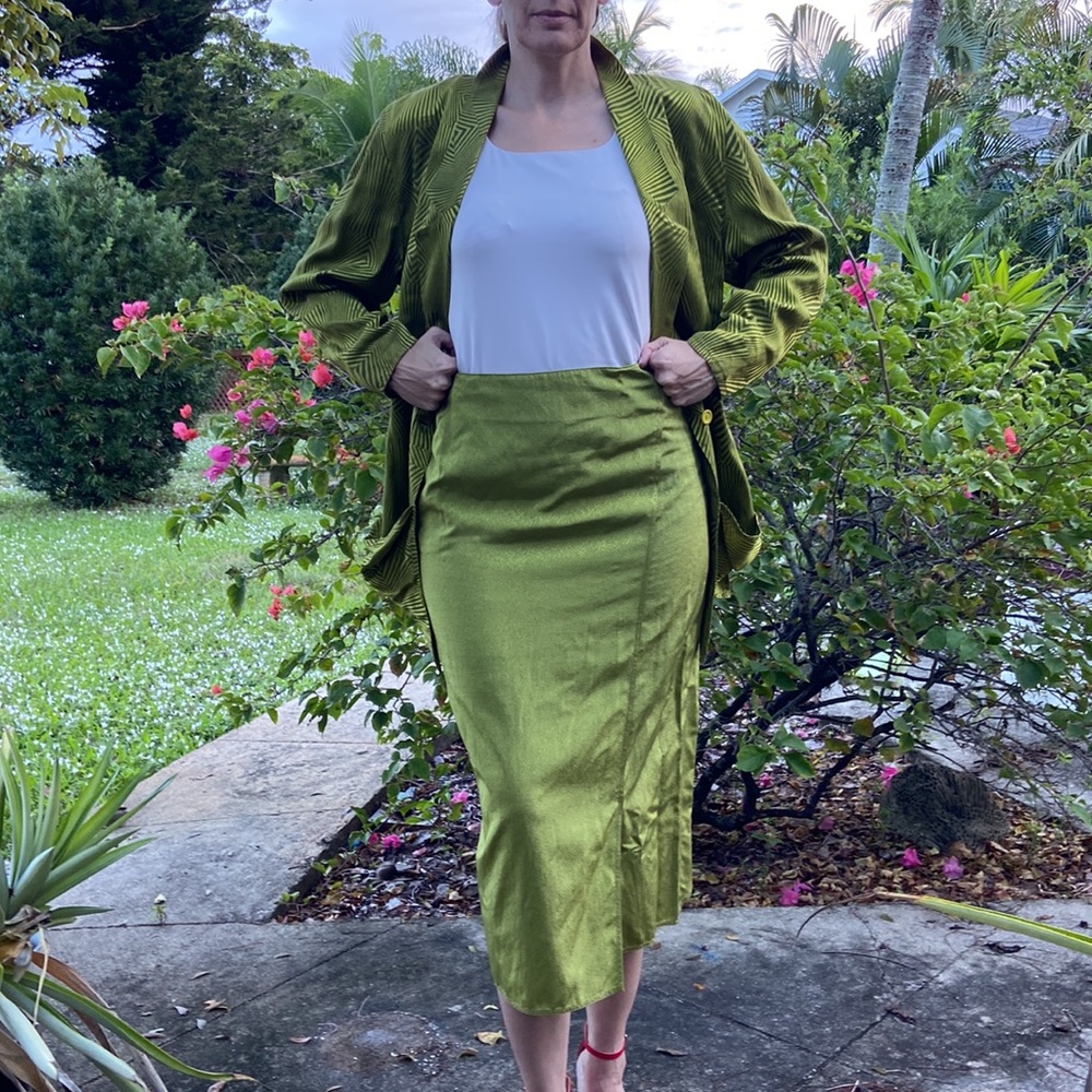 Junko Koshino Viscose Cotton Neon Pea Yellow Green Jacket and Skirt Set!